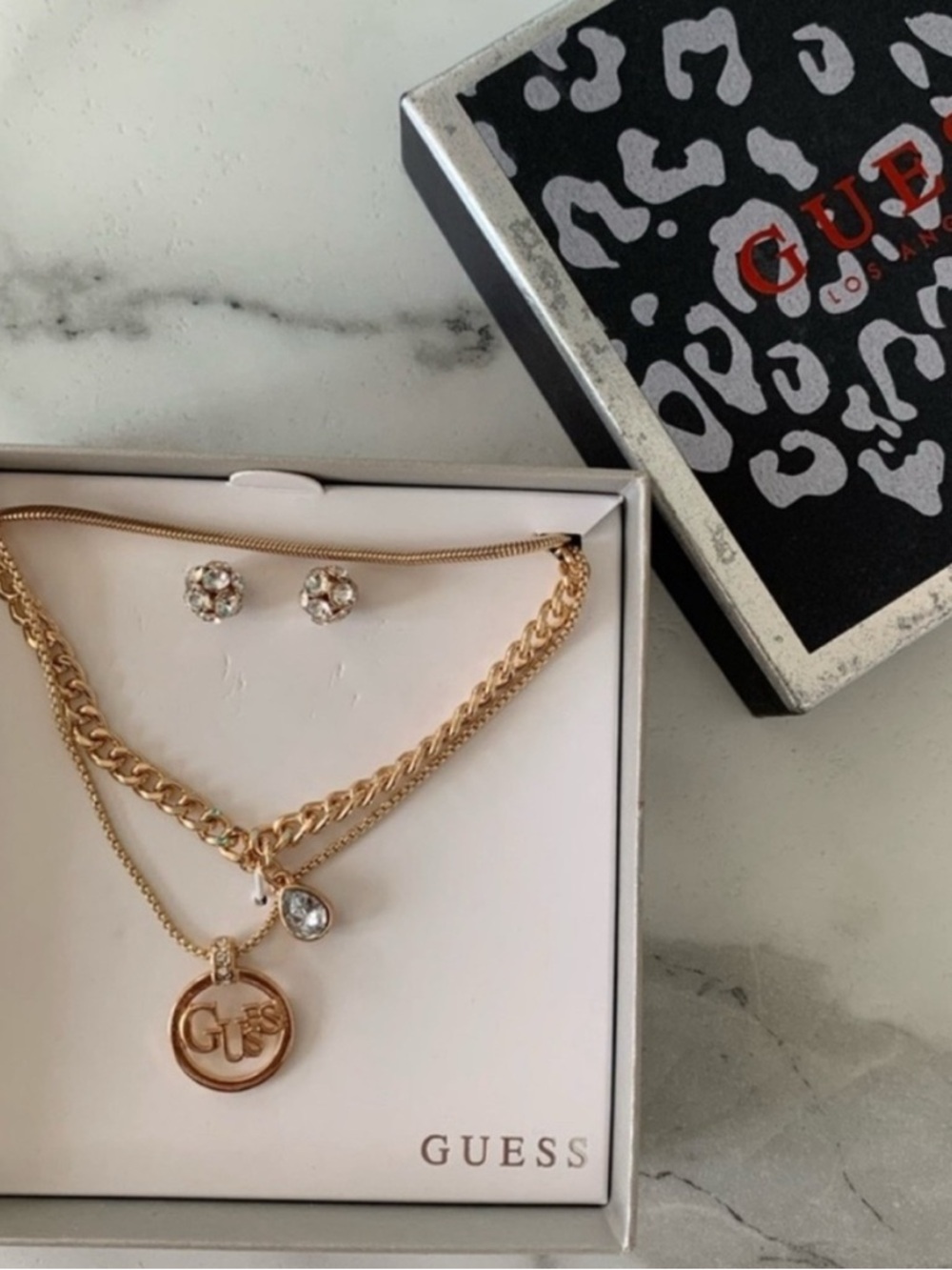 GUESS Gold-Tone Layered Logo Pendant Necklace with Crystal Stud Earrings